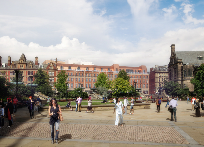 View of hotel from Peace Gardens