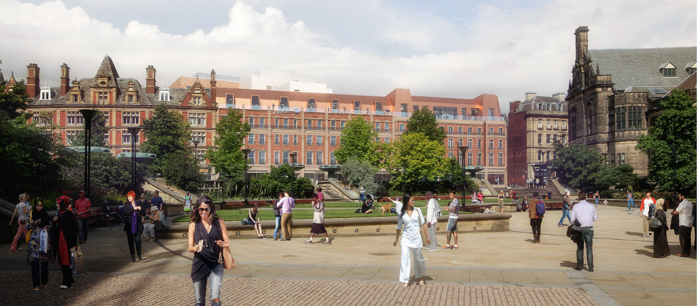 View of hotel from Peace Gardens